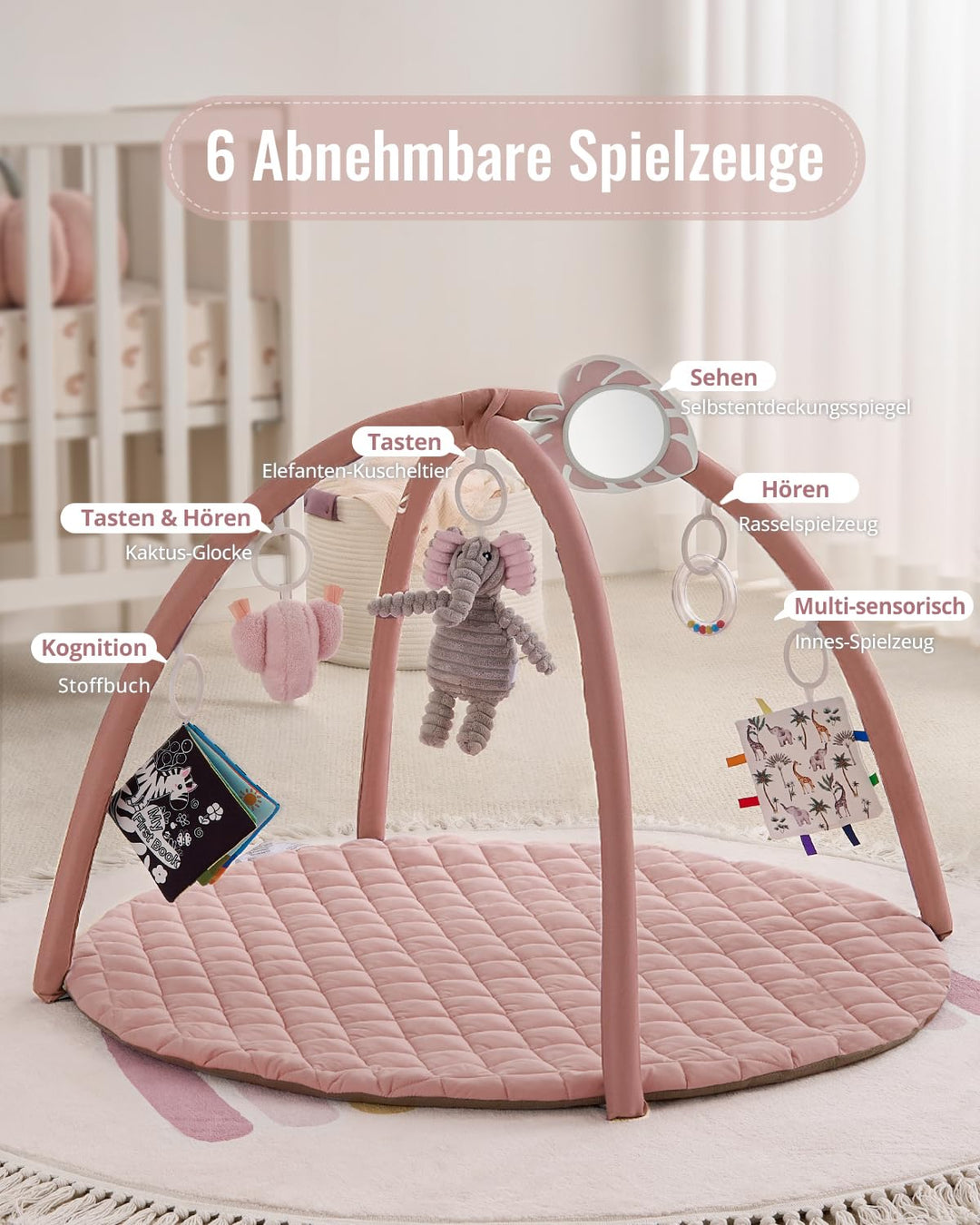Blissful Diary Spielbogen Baby, Spieldecke Baby Gym Activity Decke mit 6 Abnehmbare Spielzeuge, krab