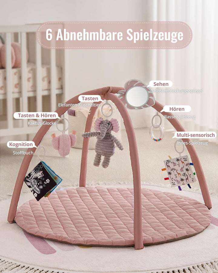 Blissful Diary Spielbogen Baby, Spieldecke Baby Gym Activity Decke mit 6 Abnehmbare Spielzeuge, krab