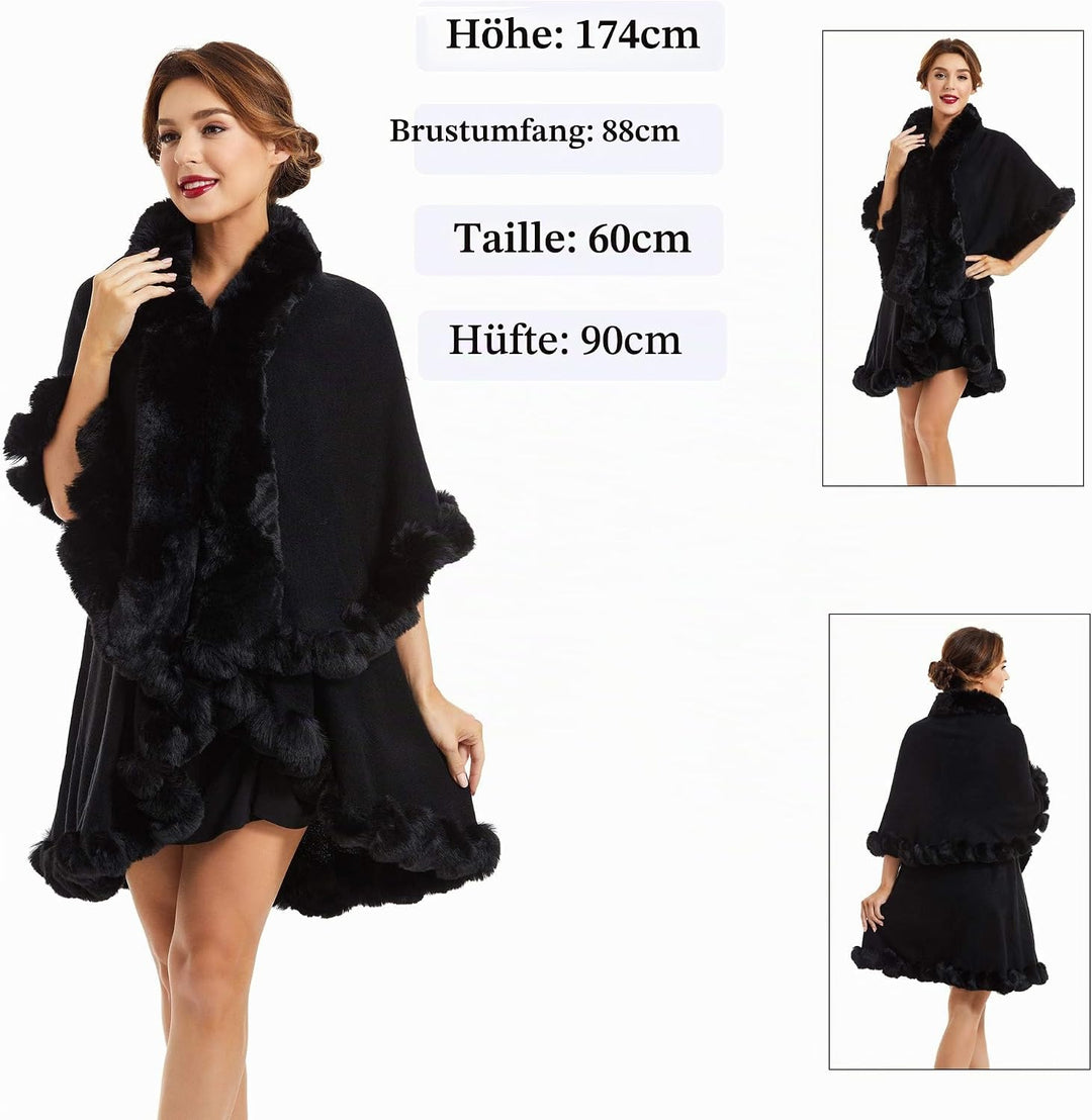 ZLYC Damen Winter Kunstpelz Poncho Strick Schal Stola Warm Cape Cardigan Normales Schwarz, Normales