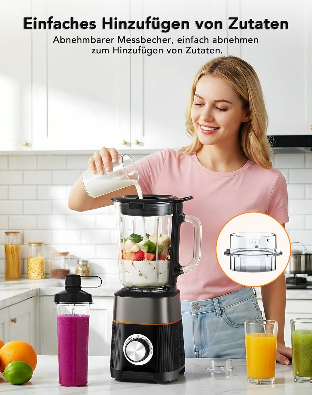 1000W Standmixer, Mixer, Glas 2-1 Mixer Smoothie Maker mit 1,5L Glaskrug und 600ml Reisebecher, Stuf