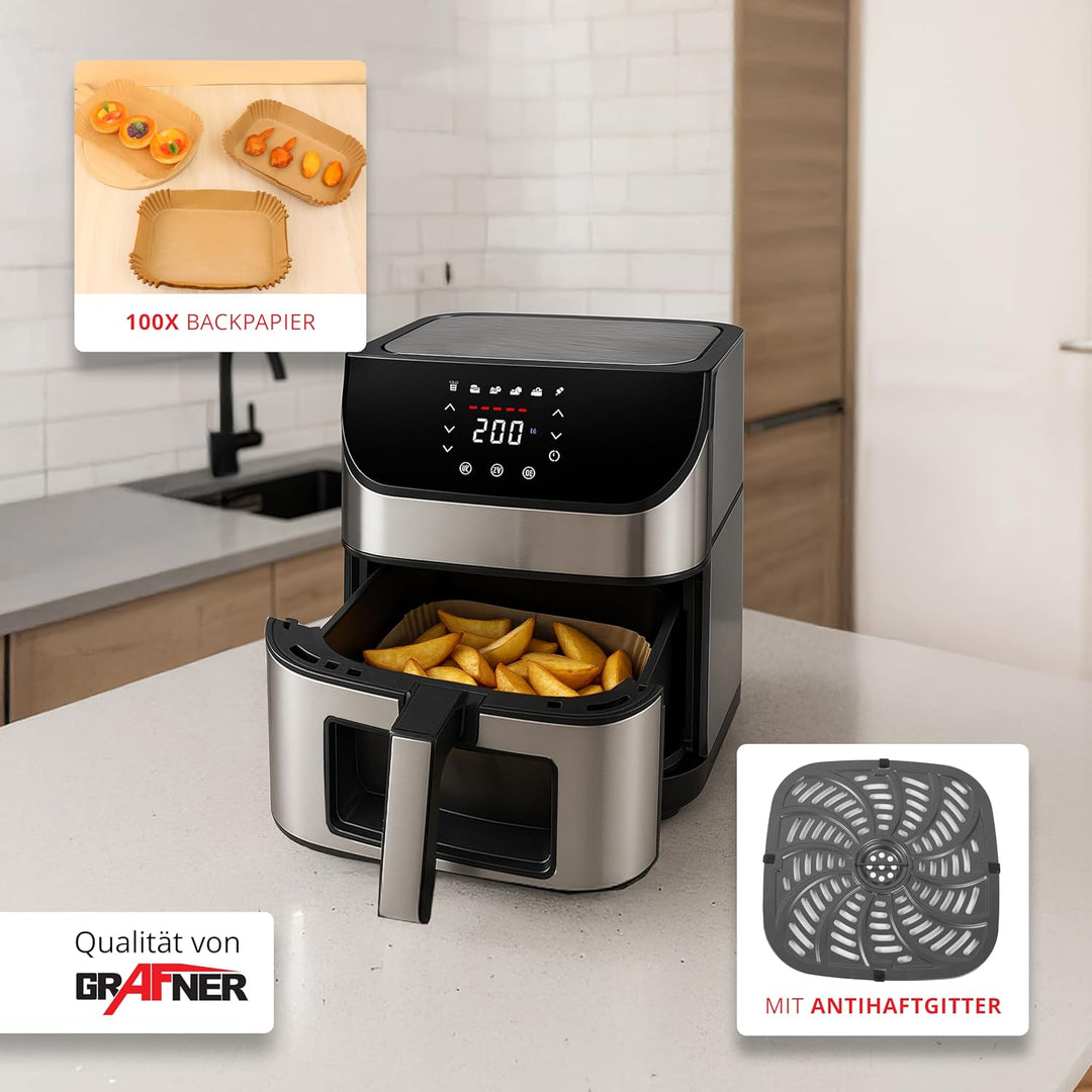 Grafner XXL Digitale Heissluftfritteuse 8 L, 100x Backpapier, LED Touchscreen, 7 Programme, 1800 Wat