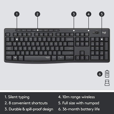 Logitech MK295 kabelloses Tastatur-Maus-Set mit SilentTouch-Technologie, Shortcut-Tasten, optischer