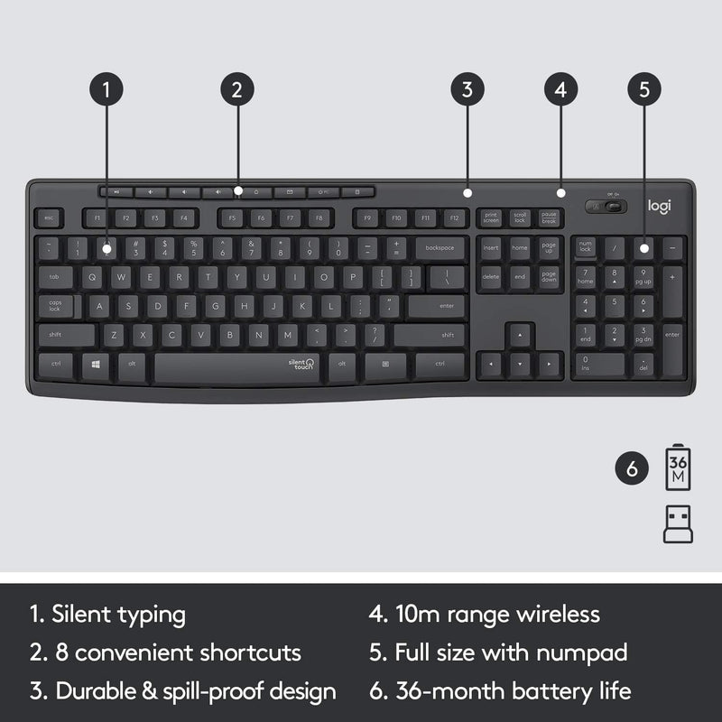 Logitech MK295 kabelloses Tastatur-Maus-Set mit SilentTouch-Technologie, Shortcut-Tasten, optischer