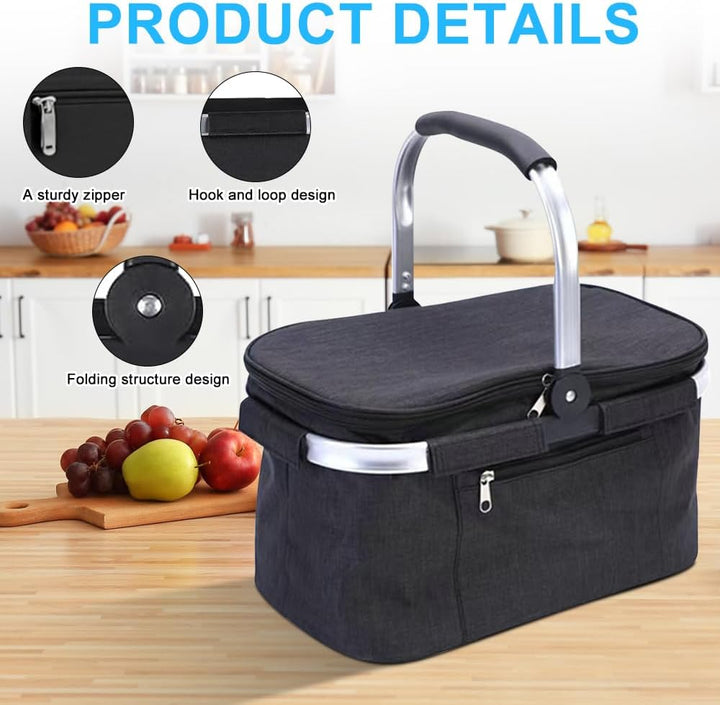 32L Einkaufskorb Kühltasche, Kühlkorb Faltbar, Picknickkorb Gross, Leicht klappbar & kompakt, Mit Gr