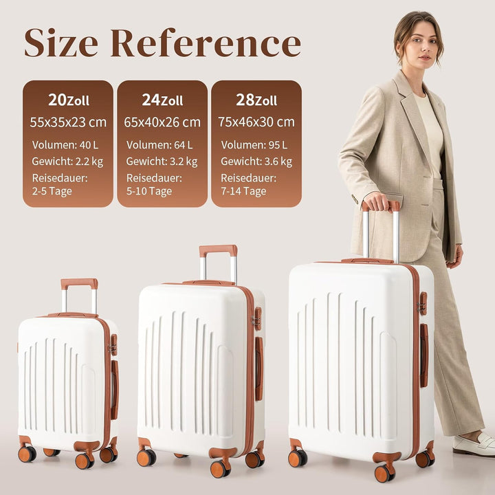 LALAHO Zwillingsrollen Reisekoffer Handgepäck Koffer Trolleys Hartschale M-L-XL-Set (Beige-Braun, M,