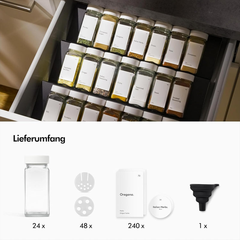 KIVY Gewürzgläser mit Streueinsatz [24x 120ml] + 240 Wasserfeste Label - Luftdichte Gewürzgläser Gol