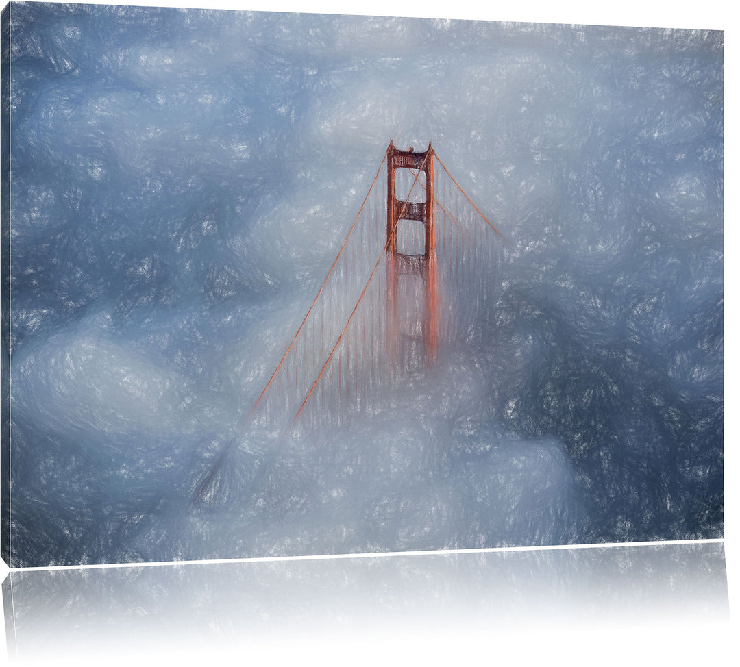 Pixxprint Golden Gate Bridge über den Wolken Kunst Buntstift Effekt, Format: 100x70 auf Leinwand, XX