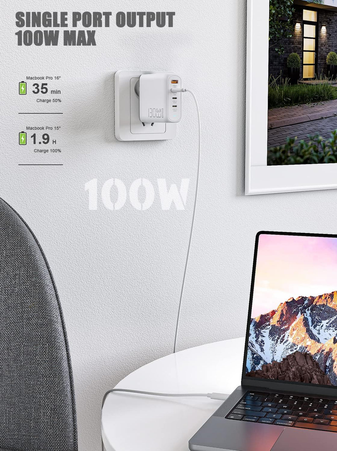 130W USB C Ladegerät, Type C PD 100W+QC 30W PPS GaN Netzteil mit 100W Schnellladekabel 4-Port USB C
