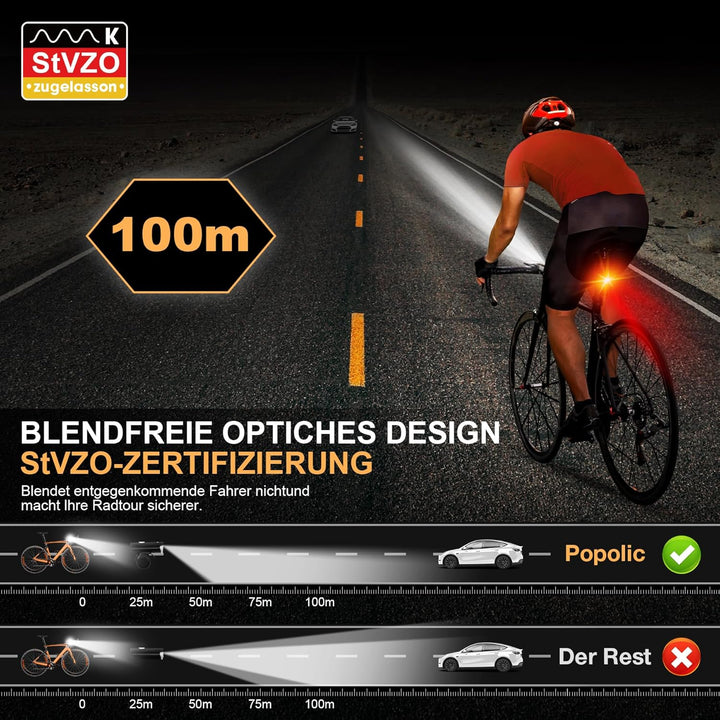 Fahrradlicht Set LED StVZO-30/15 LUX Fahrradbeleuchtung Set 360° Beleuchtung-IPX4 Wasserdicht mit US