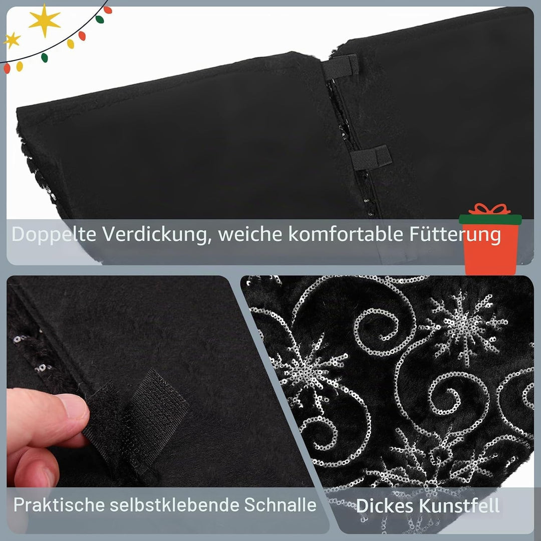 KONVINIT Weihnachtsbaumdecke Rund Schwarz Weihnachtsbaumteppich mit Schneeflocke Weihnachtsbaum Rock