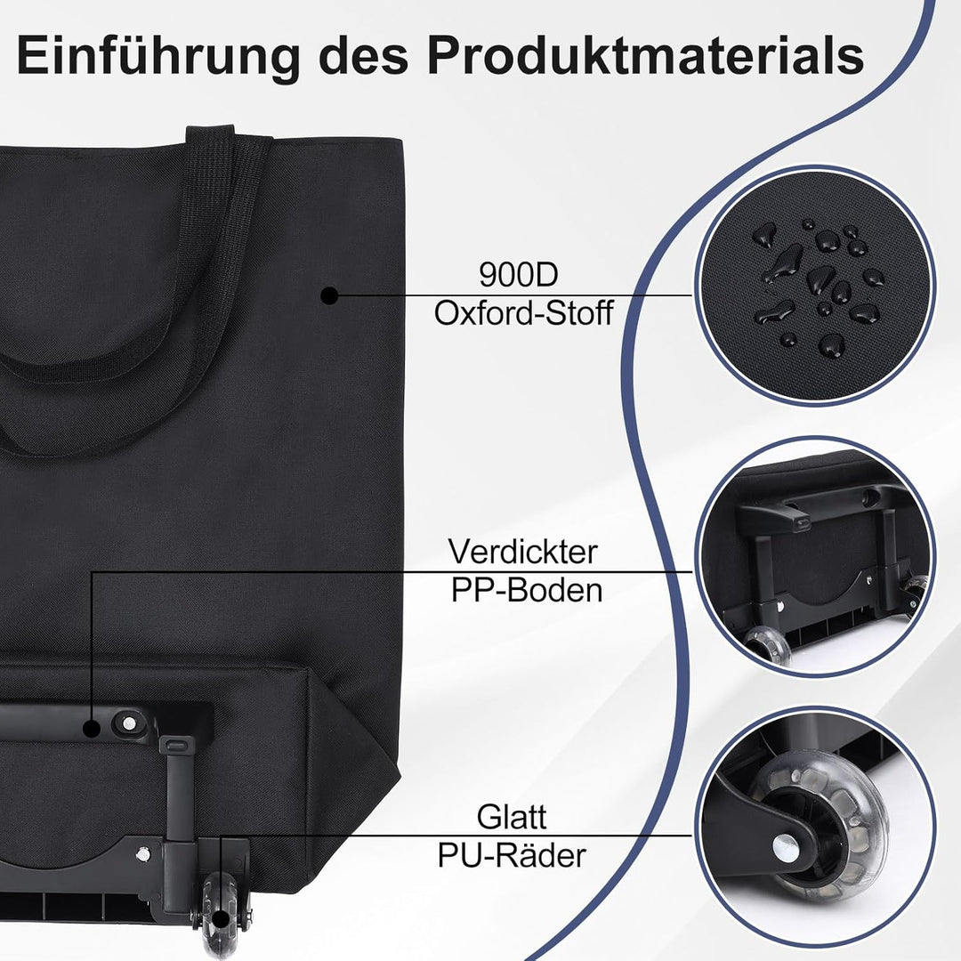 MOONCY 2-in-1 Einkaufstrolley, 30L Grosse Einkaufstasche auf Rollen, Leichter Einkaufswagen Klappbar