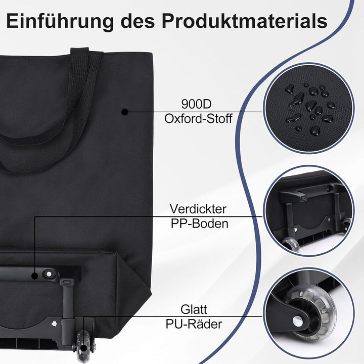 MOONCY 2-in-1 Einkaufstrolley, 30L Grosse Einkaufstasche auf Rollen, Leichter Einkaufswagen Klappbar
