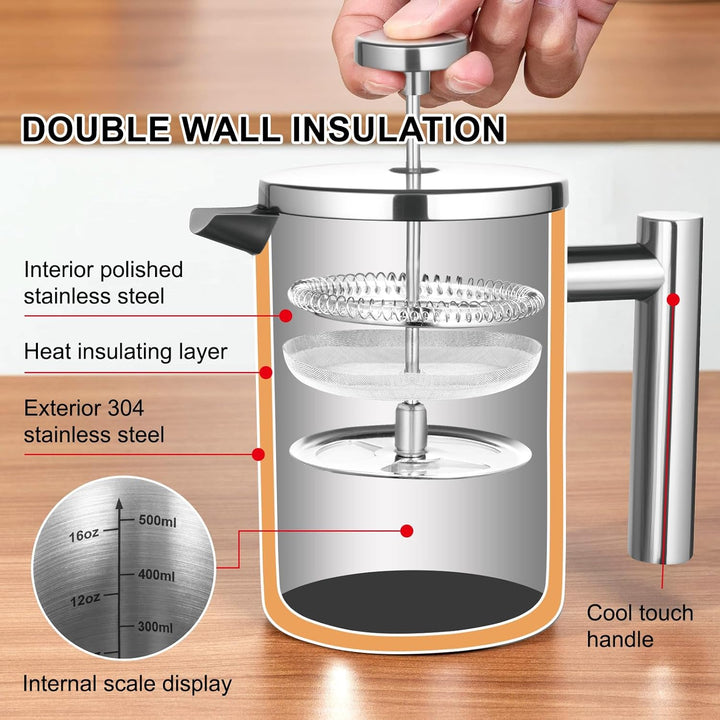 French Press Klein mit Waage, Kaffeebereiter Edelstahl 304, Doppelwandig Isoliert, Lebensmittelecht,