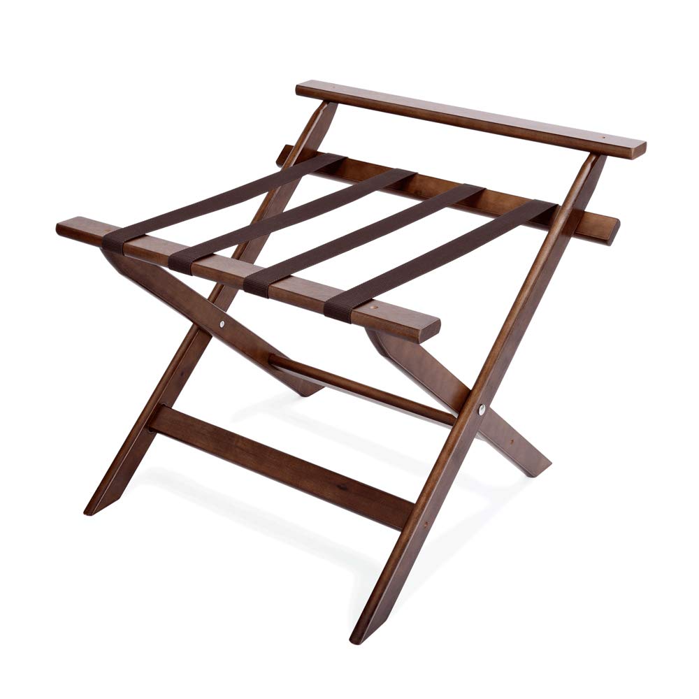 WAS 1631 001 Holz Gepäckablage mit Wandschutz und Schwarzem Nylonband, Zusammenklappbar, Holzoptik,