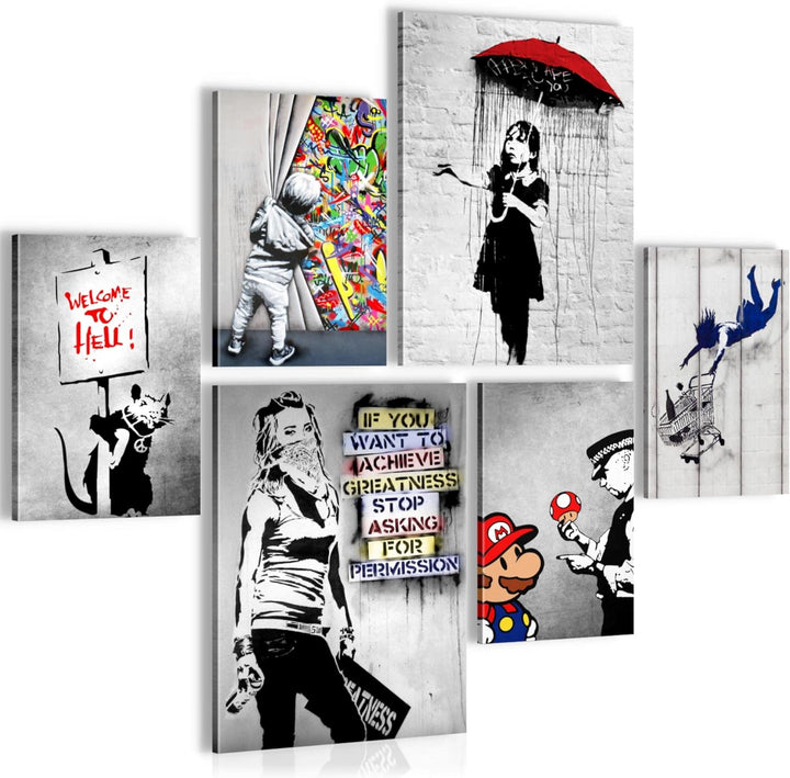 Novart Bilder Set - AUFHÄNGFERTIG - KEIN EXTRA RAHMEN BENÖTIGT - Banksy Collage Modern Street Art -