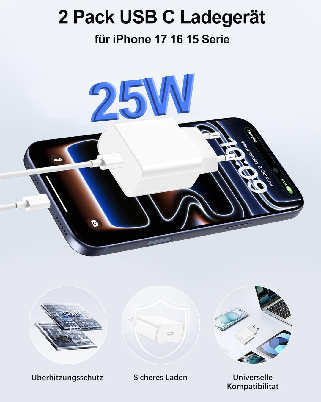 USB C Ladegerät Schnellladekabel Ladekabel für iPhone 17 16 15 Pro Max Plus/17 Air/17e/16e, iPad Pro
