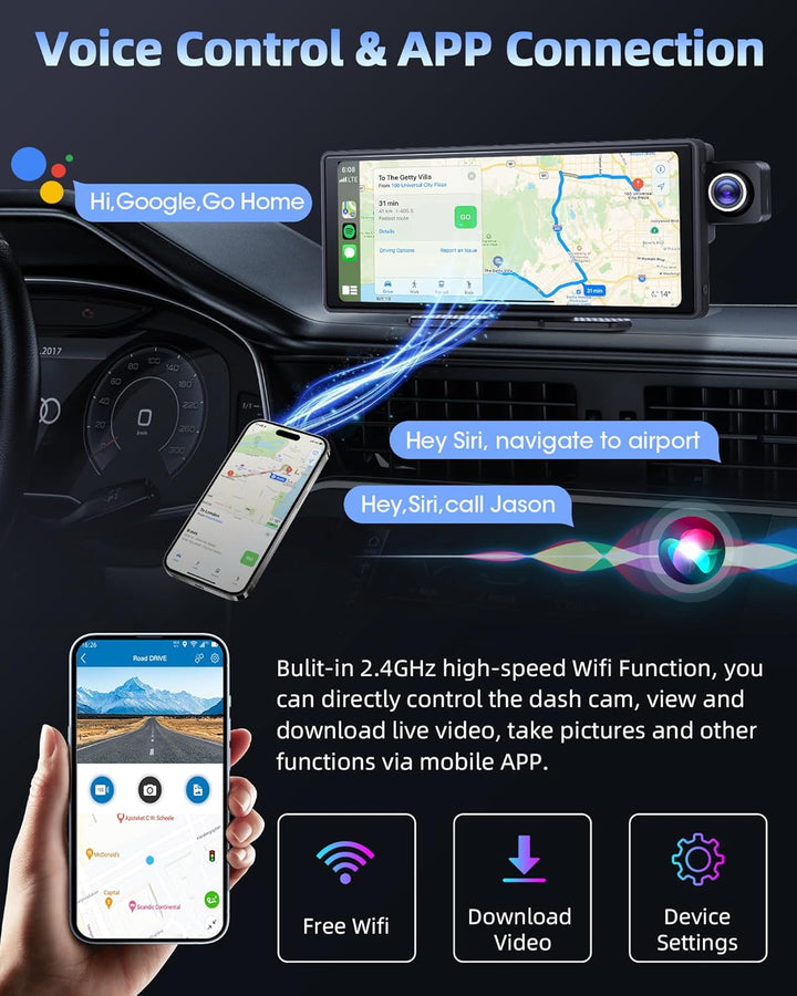Exklusiv 10,26 Zoll Carplay Display Android Auto Display mit 180° Drehen 2,5K Dashcam, Wireless Auto