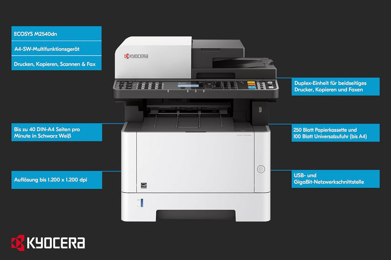 Kyocera Ecosys M2540dn Multifunktionsdrucker Schwarz Weiss. 40 Seiten pro Minute. Drucker Scanner Ko