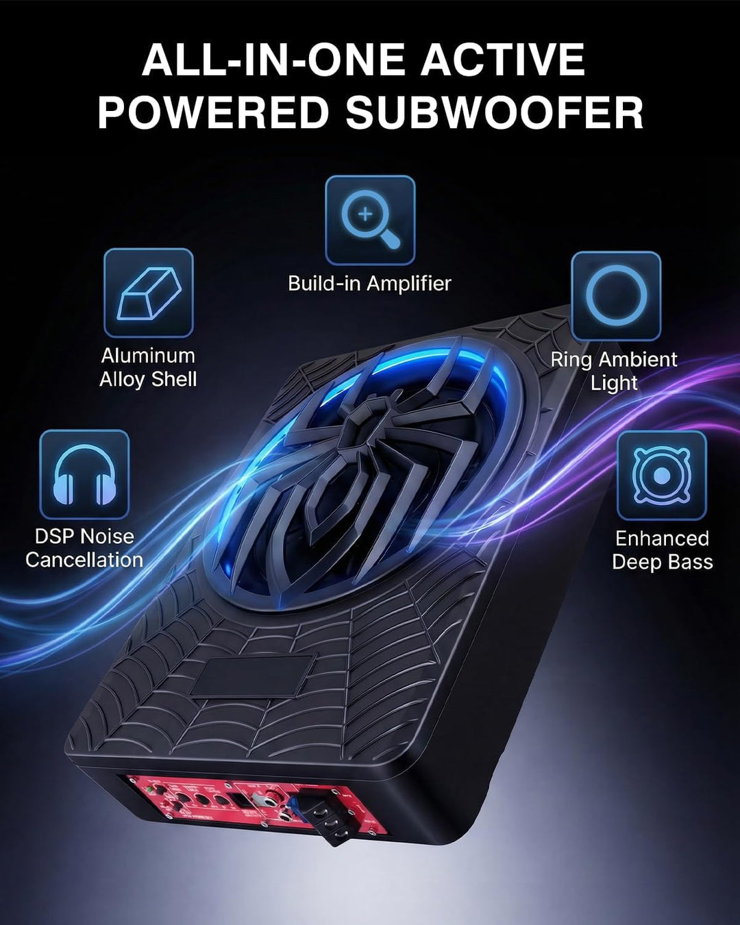 Aktiver Subwoofer für Auto, Unter den Sitzen Montierbar, Maximale Leistung 1200 W, 10 Zoll, Integrie