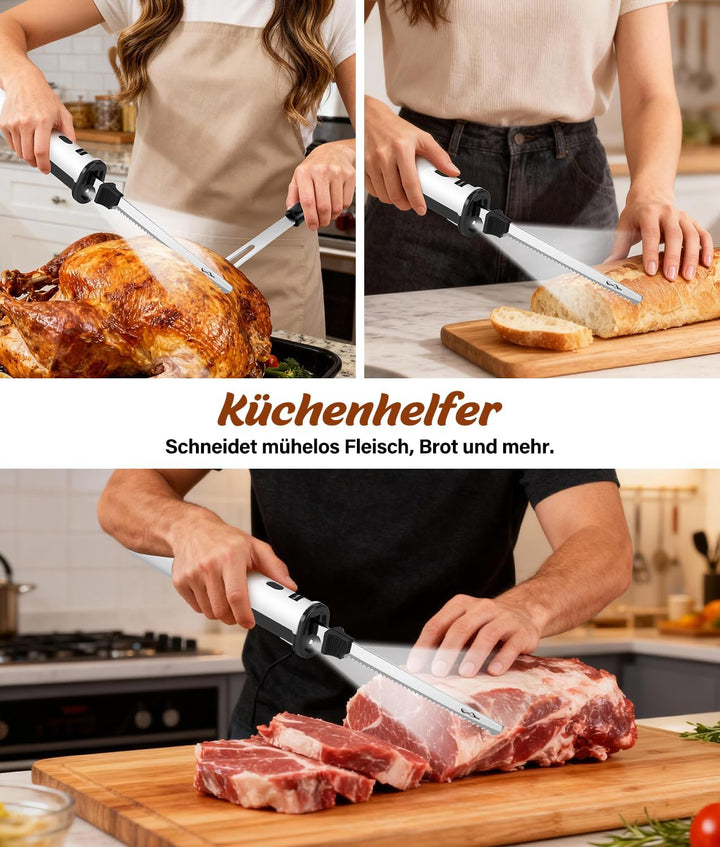 Elektromesser 8 V, Elektrisches Küchenmesser kabellos mit 2 scharfen Edelstahlklingen und Gabel, Sic