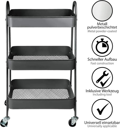ONVAYA® Servierwagen Silvio | Beistellwagen | dunkelgrau | 30,5 x 45 x 77 cm | 3 Fächer | Multifunkt
