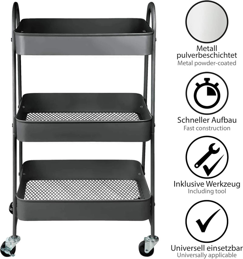 ONVAYA® Servierwagen Silvio | Beistellwagen | dunkelgrau | 30,5 x 45 x 77 cm | 3 Fächer | Multifunkt
