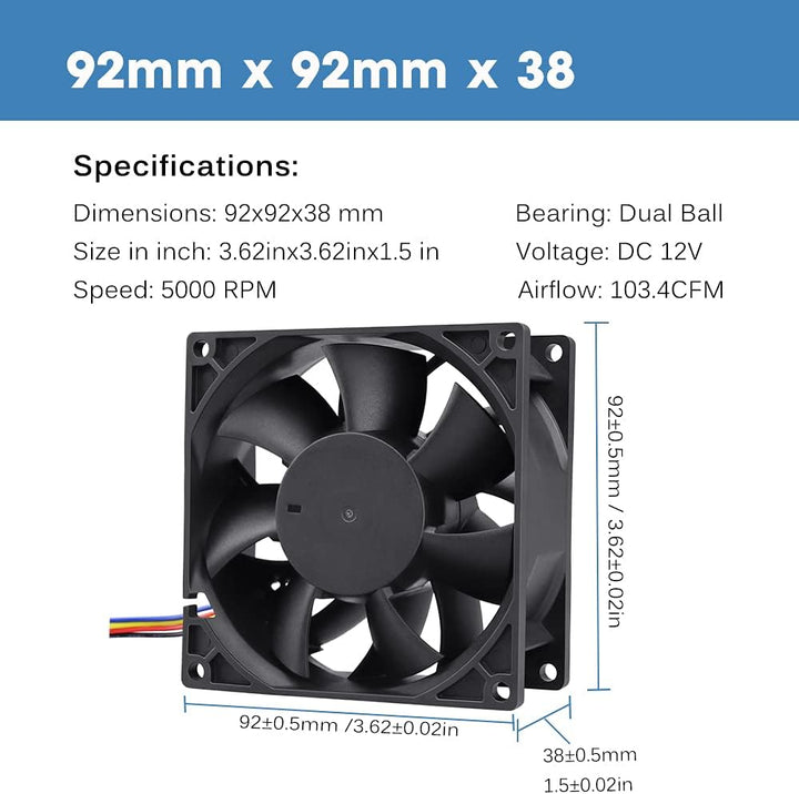 GDSTIME 12V Lüfter 92mm Lüfter 92 x 38mm 4 Pin PWM CPU Lüfter 9CM Gehäuselüfter 5000 U/min Kühlung L