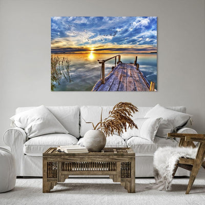 ARTTOR Bilder auf Leinwand 100x70cm Leinwandbild mit Rahmen See Brücke Gross Wanddeko Bild Schlafzim