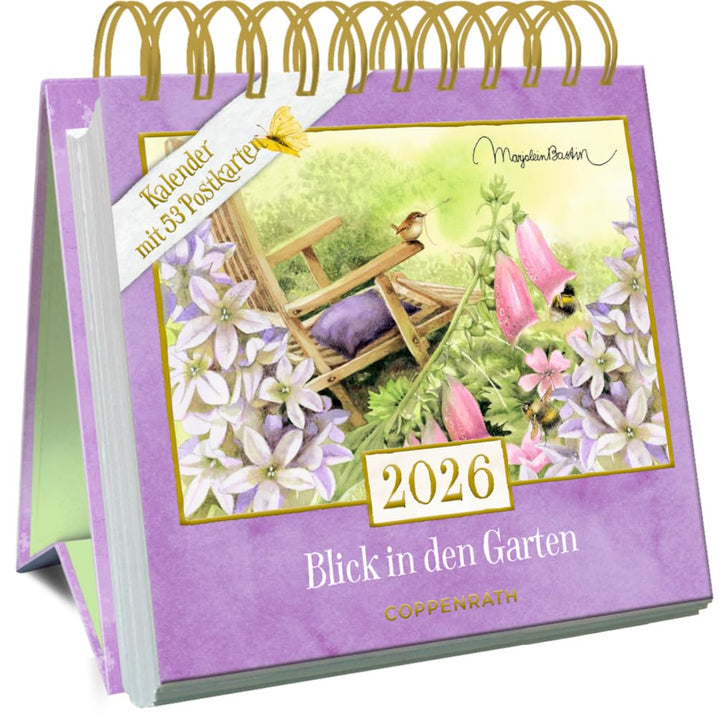 Kalender mit 53 Postkarten: 2026 - Blick in den Garten: Dekorativer Tischaufsteller mit Wochenkalend