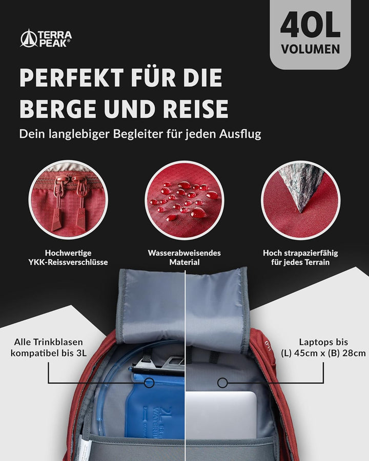 Terra Peak® Premium Wanderrucksack 40L (FLEX 40) für Damen & Herren gross mit Rückenbelüftung, Regen