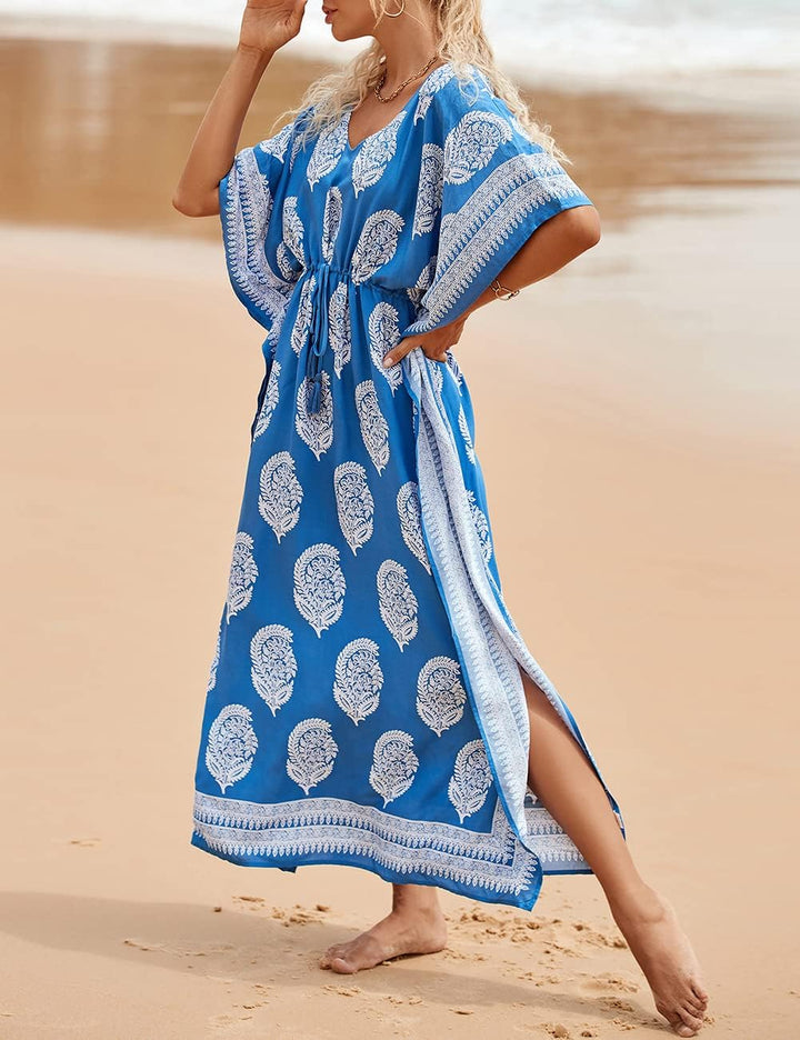 Bsubseach Damen Beachwear Türkische Kaftans Lange Strandkleid Caftan Beach Dress Blau 2, Blau 2