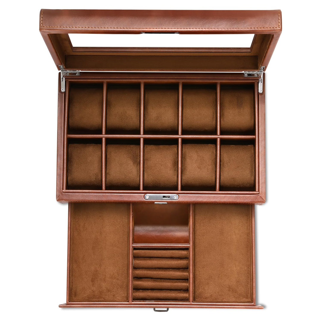 HELMDY Leder Uhrenbox mit Schublade-10 Schlitze Verriegelung Schmuck Uhren Halter für Männer-Luxus-U