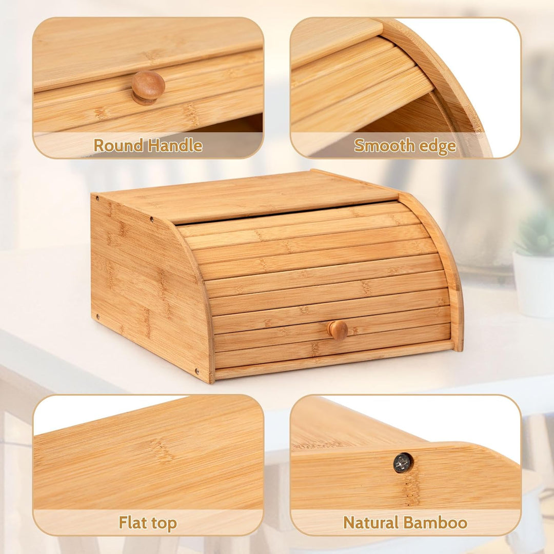 HollyHOME Brotkasten Bambus Gross Natürliche Bambus-Brotkästen für die Küche, Rolltop-Brotaufbewahru