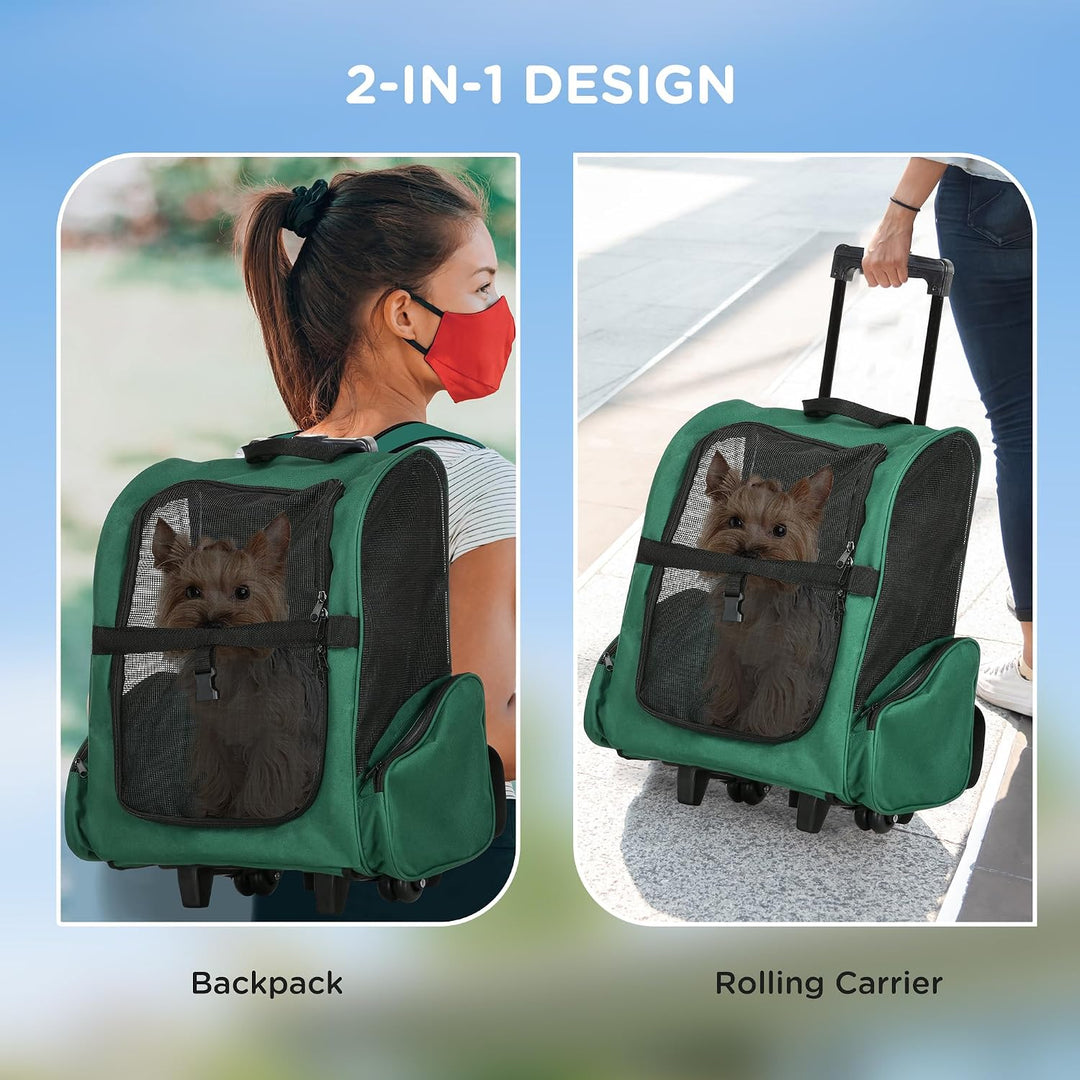 PawHut 2-in-1 Rucksackträger für Haustiere mit Rädern 42x25x55cm Grün | Seitentaschen, Teleskopgriff