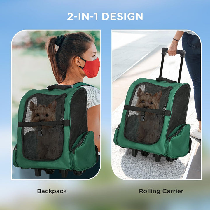 PawHut 2-in-1 Rucksackträger für Haustiere mit Rädern 42x25x55cm Grün | Seitentaschen, Teleskopgriff