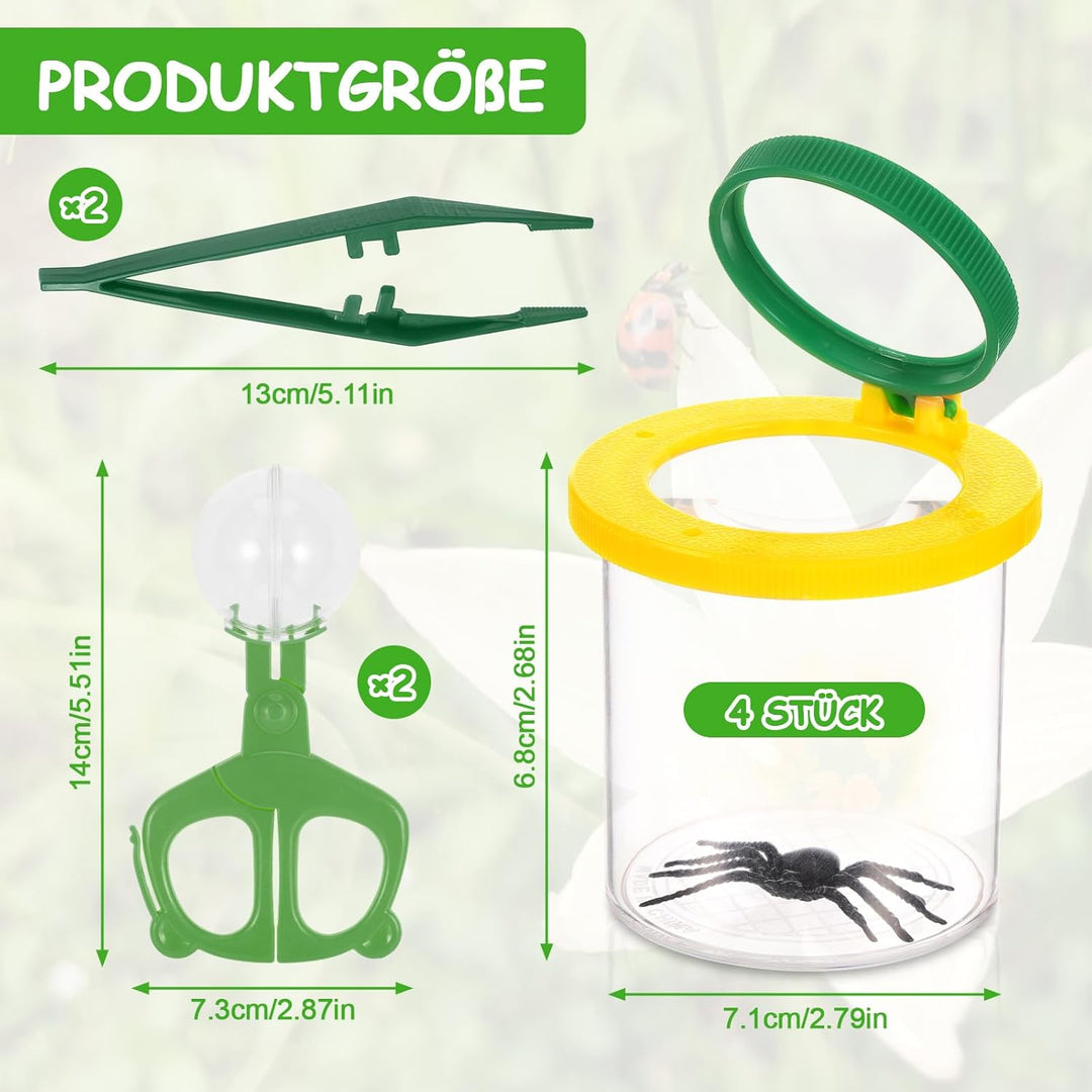 4 Stück Becherlupen für Kinder, Lupenglas Kinder Set, Lupenbecher mit 4 Stück Insektenfangwerkzeugen