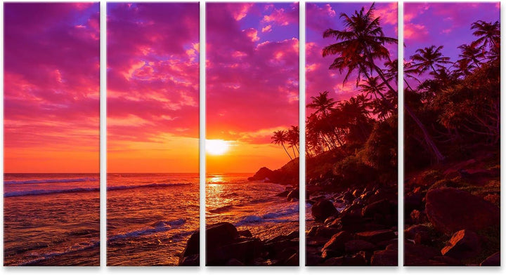 islandburner Bild auf Leinwand Sonnenuntergang Am Tropischen Strand Mit Palmen Silhouetten Bilder Wa