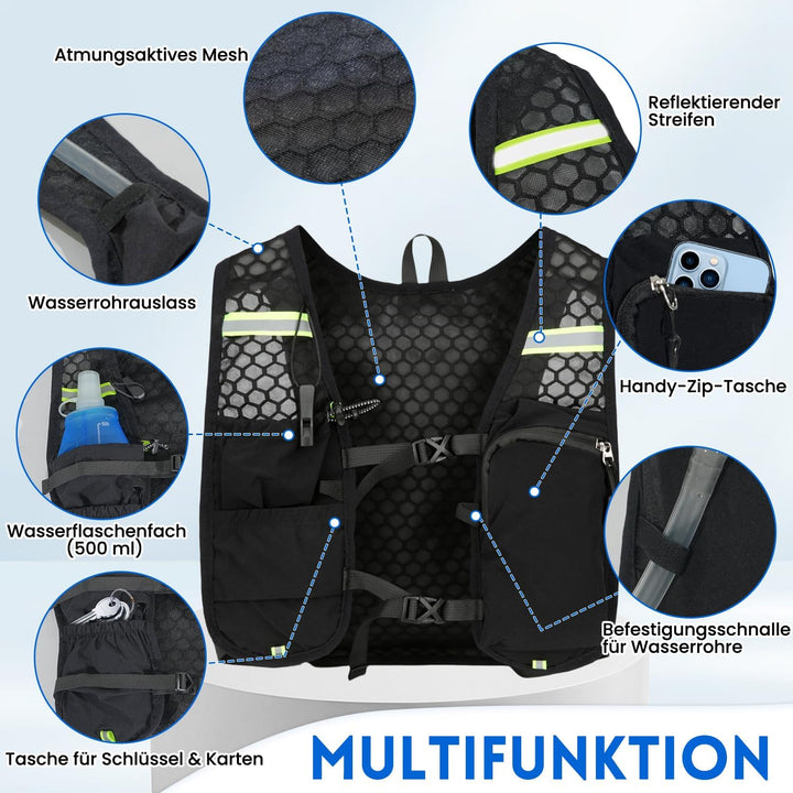 Laufweste mit Trinkblase 1,5L und Trinkflasche 500ml, Verstellbarer Ultra-Leichter Trinkrucksack für