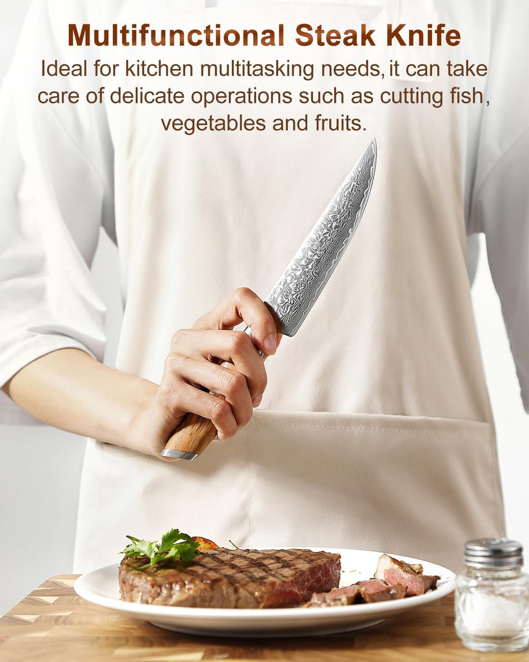 XINZUO Damaststahl Steakmesser Set 5er -73 Schichten Damastpulverstahl Steakbesteck mit Akazienholz