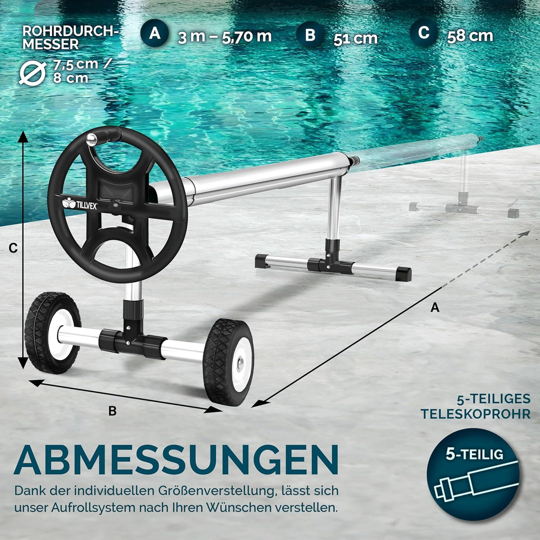 tillvex Pool Aufroller Premium 3-5,70 m mit Vollgummireifen | Aufrollsystem für Solarfolie | Aufroll