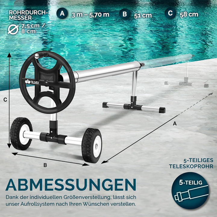 tillvex Pool Aufroller Premium 3-5,70 m mit Vollgummireifen | Aufrollsystem für Solarfolie | Aufroll