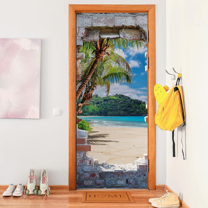 wandmotiv24 Türtapete 3D Steinwand, Paradies, Meer, Strand 80 x 200cm (B x H) - Dekorfolie selbstkle