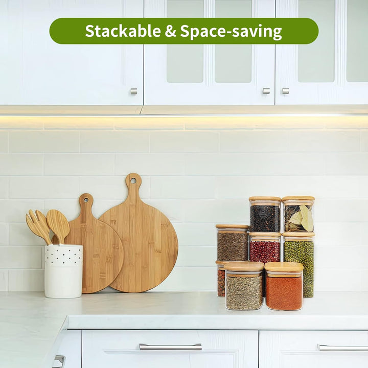 Withosent Vorratsdosen Glas 12er Set, 430/600ml Gewürzgläser Eckig Holzdeckel, Vorratsgläser Glasbeh