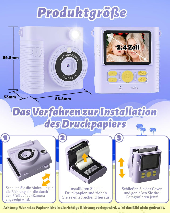 CKATE Kinder Fotokamera Sofortdruck, Kinder Kamera mit 2 Shutters, 1080P HD Sofortbildkamera 32G SD