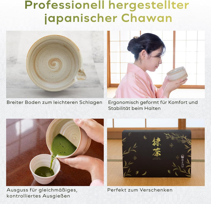 HIBINO Japanisches Matcha Set – Matcha Schale mit Ausguss, Matcha Besen & Halter, Bambus Löffel & Ed