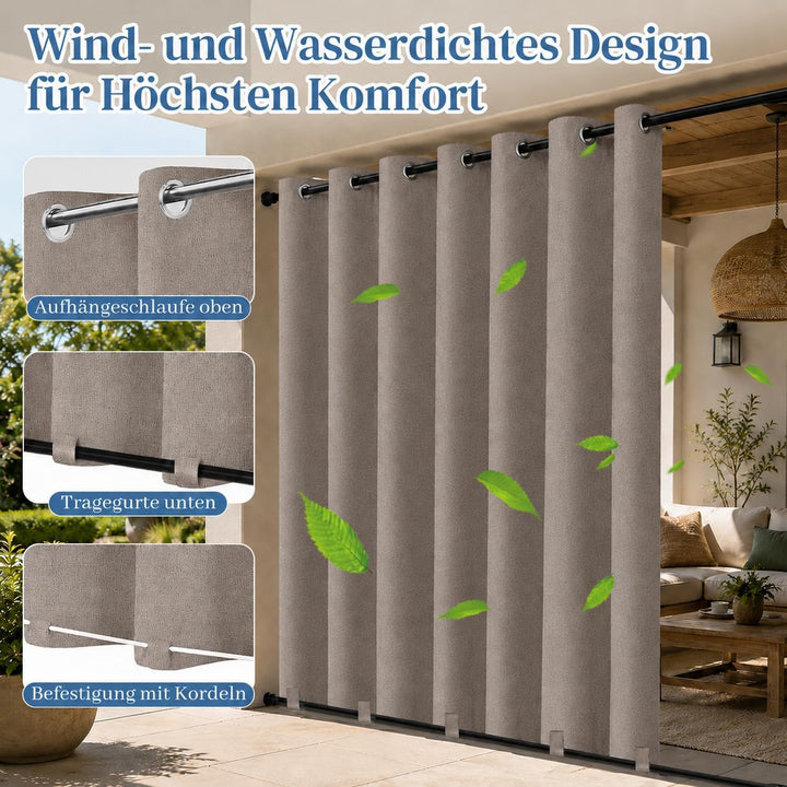 Rosnek Outdoor Vorhang Wetterfest Extra Breit B254 x H244 cm, 100% Blickdicht Winddicht mit Ösen Obe
