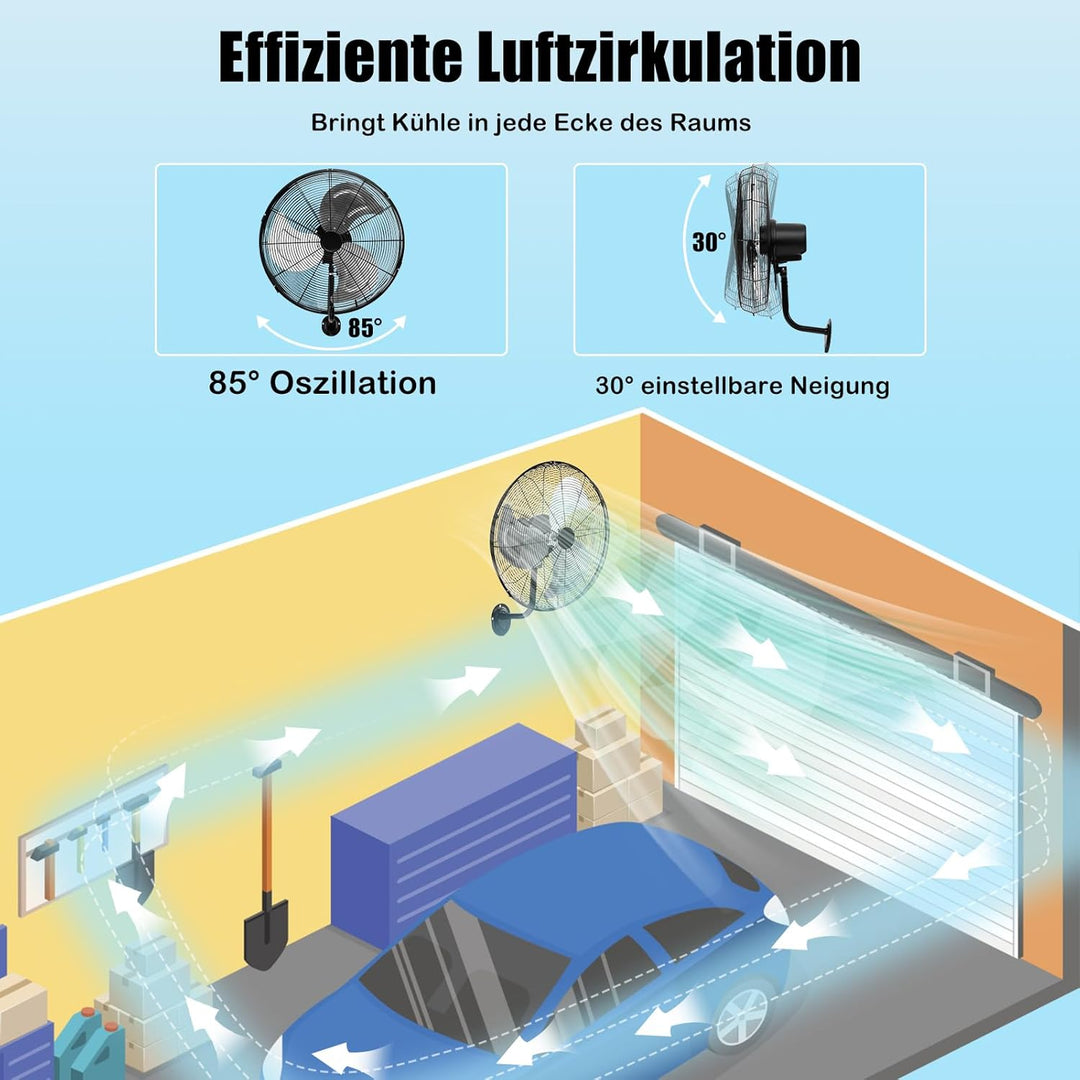 RELAX4LIFE Wandventilator mit 3 Geschwindigkeitsstufen, 85°Oszillation & 30°Neigung, 120W Ventilator