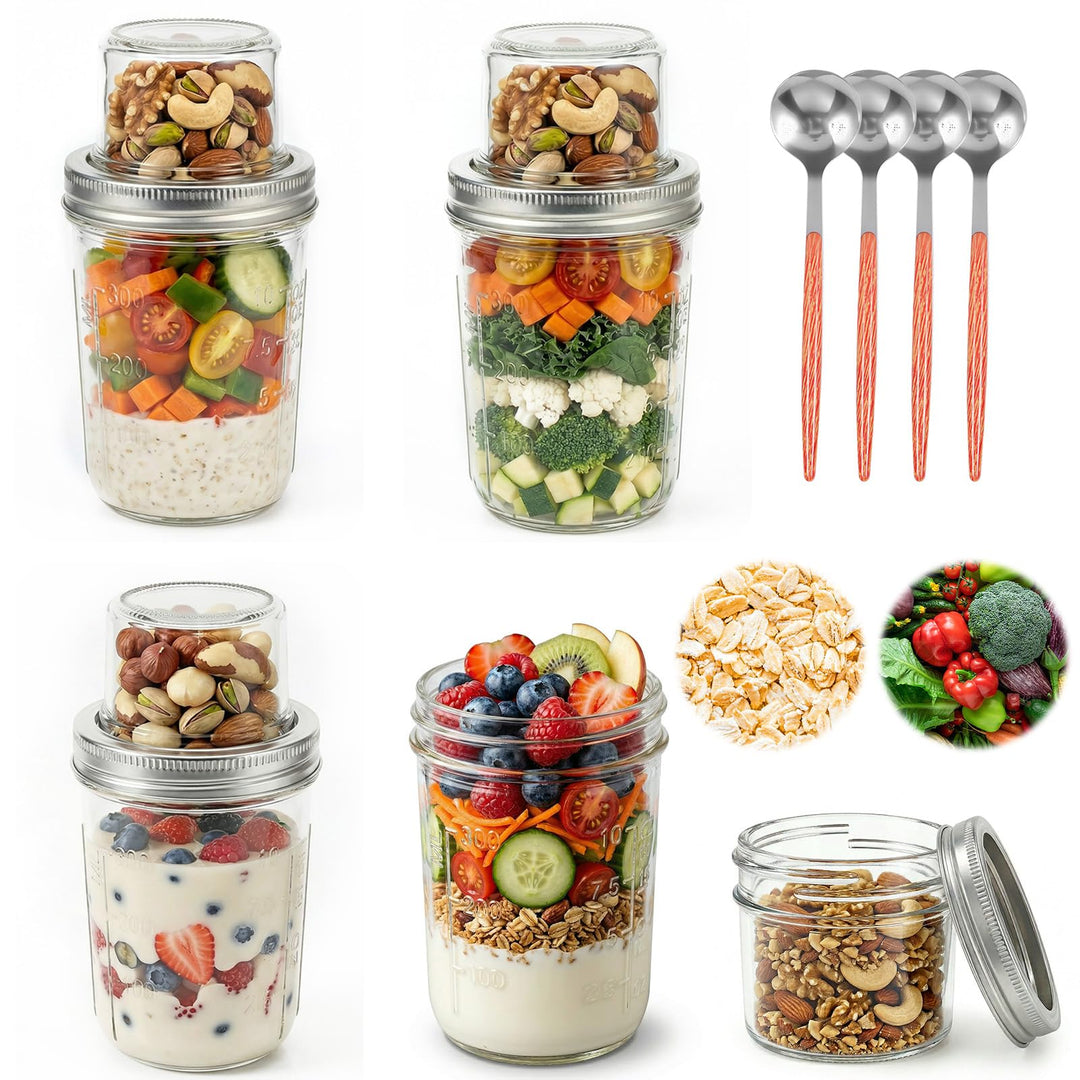 4 Stück Müslibecher To Go,500 ml + 90 ml,Doppelschicht Design,Trocken/Flüssig Trennung,Overnight Oat