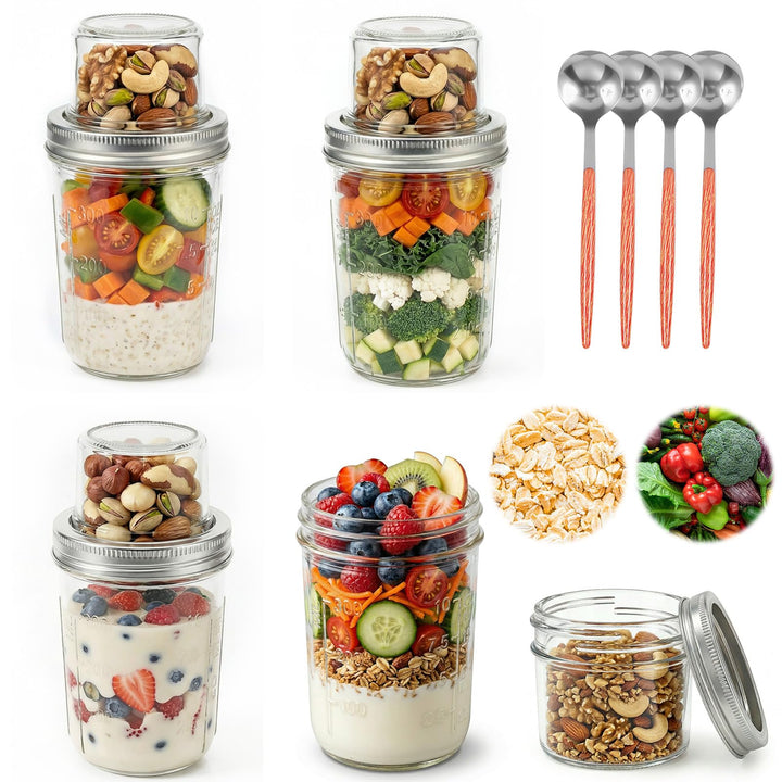4 Stück Müslibecher To Go,500 ml + 90 ml,Doppelschicht Design,Trocken/Flüssig Trennung,Overnight Oat