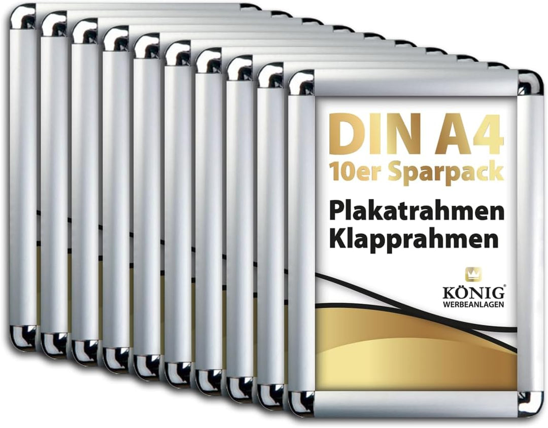 10 Plakatrahmen DIN A4 | abgerundete Ecken | 25mm Alu Profil, Silber | inkl entspiegelter Schutzsche